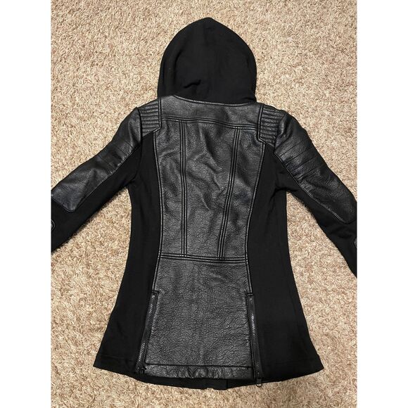 Blanc Noir Women's Asymetric Hooded Moto Jacket Faux Leather Black Size S - Picture 9 of 14